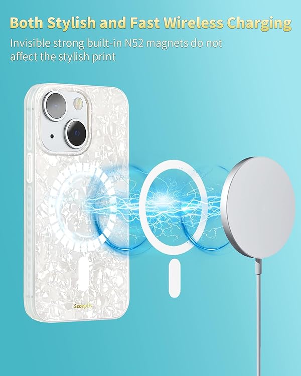 SCORPIFY for iPhone 13 Case [Compatible with MagSafe] with White Pearl Design, Cute Clear Magnetic Phone Cover for Women Girls and Men, Slim Bumper with Mother of Pearl Shell Pattern by SCORPIFY - Image 4