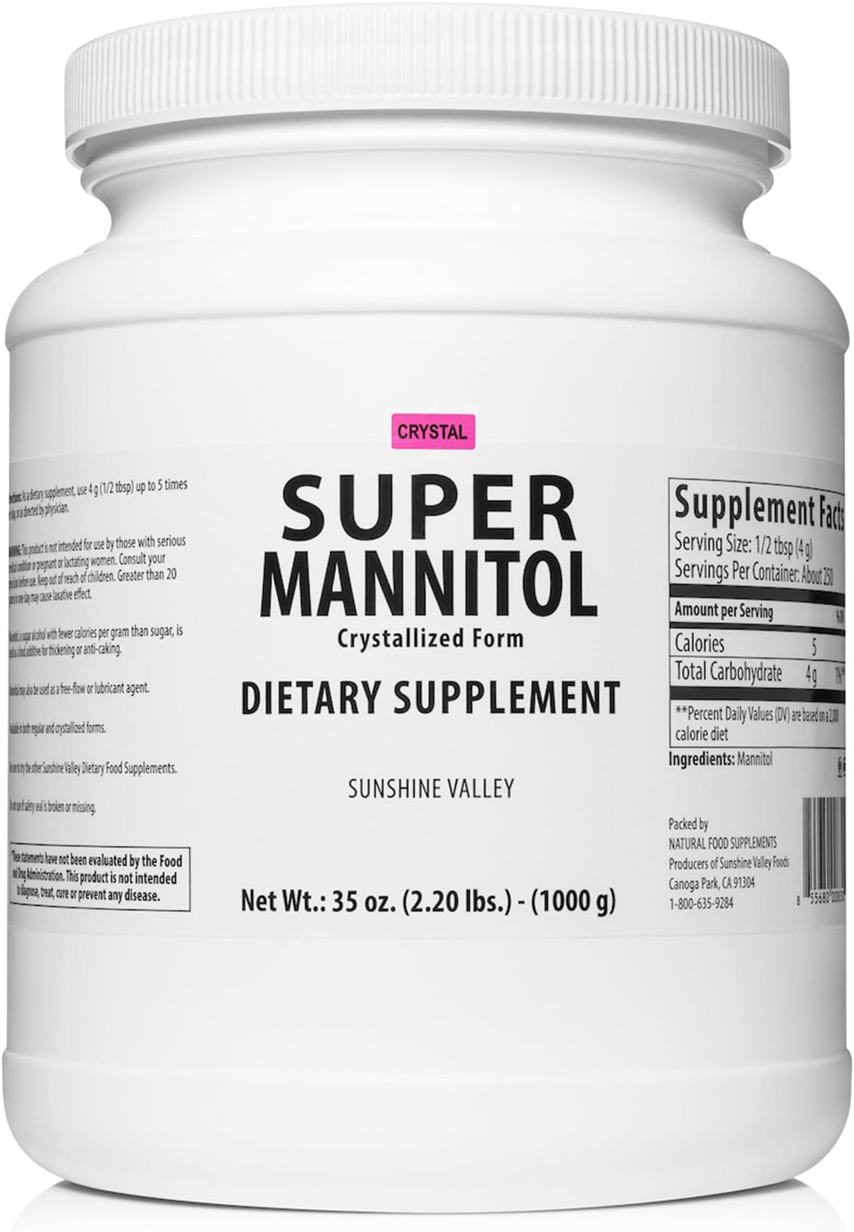 Sunshine Valley® Crystallized Mannitol Powder (Free Flow Pour), Sugar Substitute for Coffee, Tea, Desserts & Milkshakes, Unflavored Sweetener, 35 oz