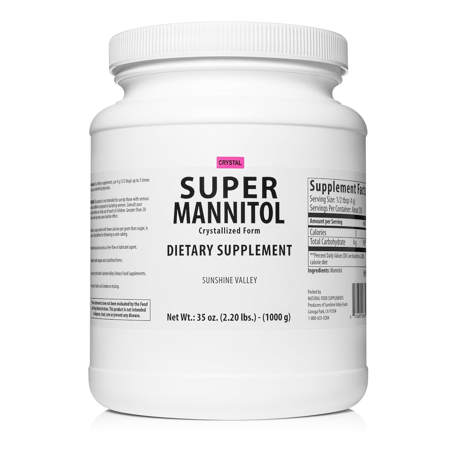 Sunshine Valley® Crystallized Mannitol Powder (Free Flow Pour), Sugar Substitute for Coffee, Tea, Desserts & Milkshakes, Unflavored Sweetener, 35 oz