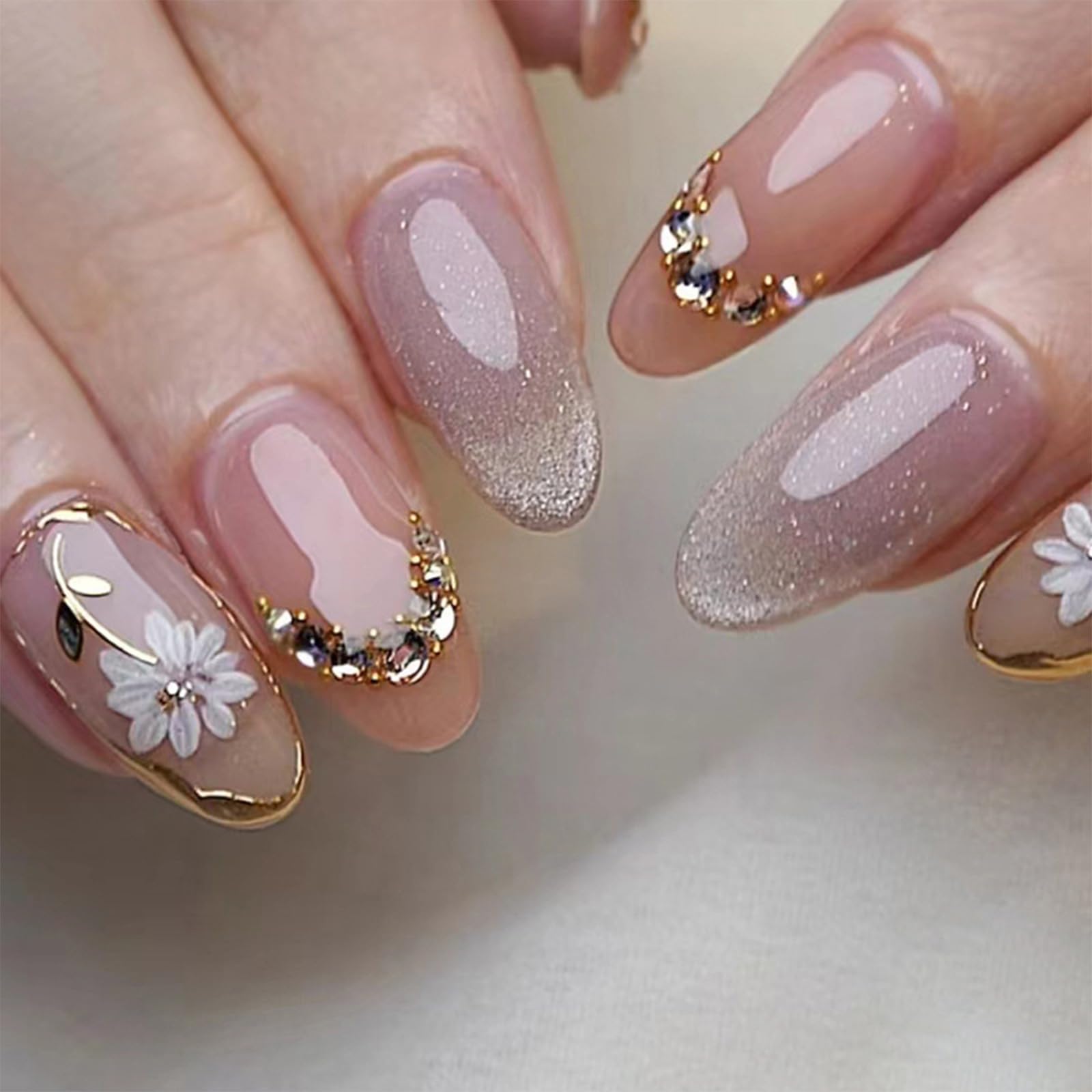 Daisies Flower Sparkly Rhinestones Press on Nails Almond Oval French Tips Fake Nails Pink Full Cover Stick on Nails with Flower Designs Rhinestone