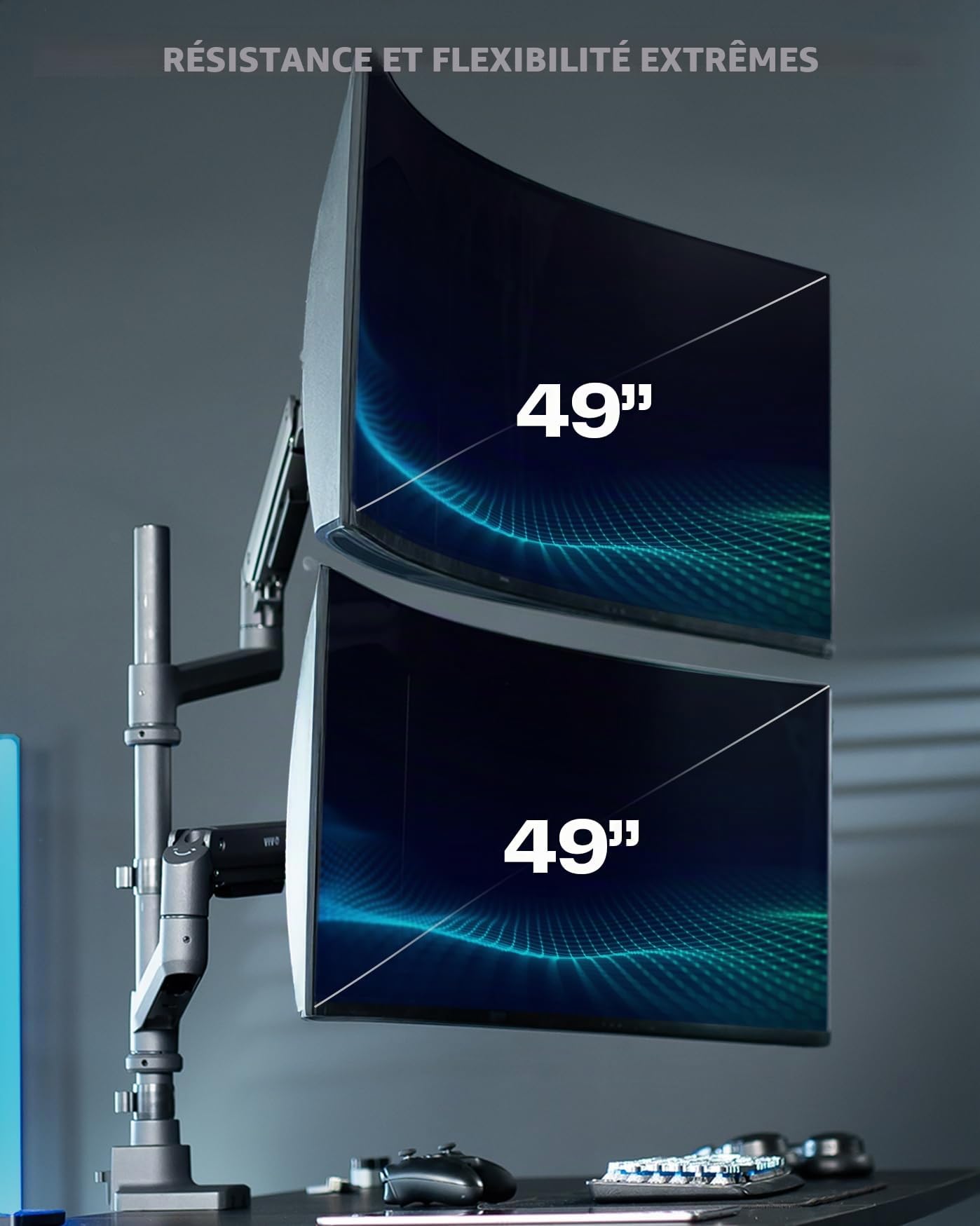 VIVO Support de bureau pour écran extra haut à bras pneumatique double ultra large pour écrans jusqu'à 49 pouces, support robuste avec pince, peut supporter 2 écrans ultra larges jusqu'à 19,9 kg, noir