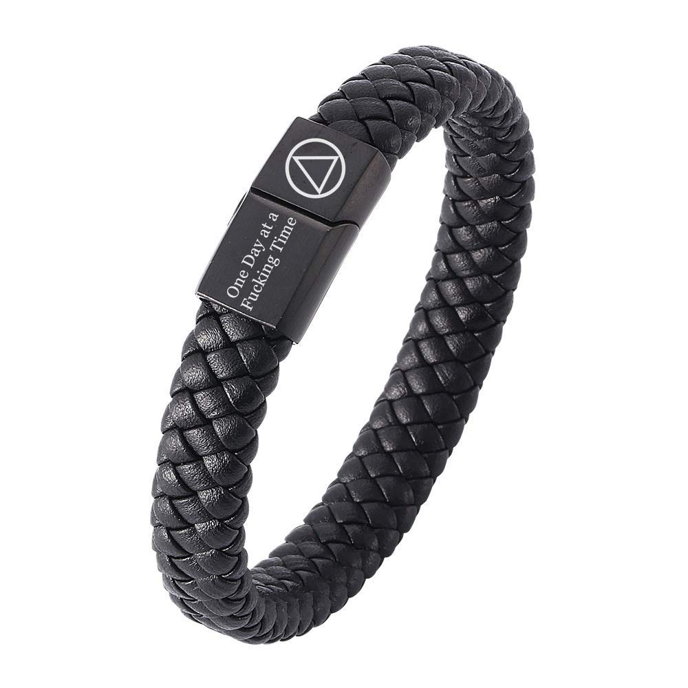 ForeverWillAA NA Sobriety Jewelry Gifts for Men Women,Inspirational Magnet Leather Revery Bracelets,Personalized Nartics Alchohol Addiction Revering Gifts for Friends Family,Cuomized, Black