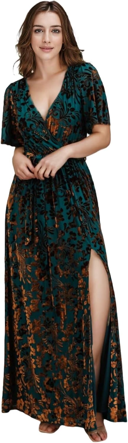 Velvet Floral Bridesmaid Dresses for Wedding Guest Formal Peacock Long Wrap Flutter Sleeves Maxi Cocktail Gowns with Slit US8