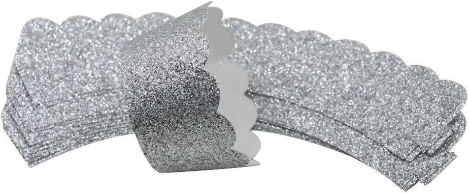 Mybbshower Silver Glitter Scalloped Cupcake Wrappers for Wedding Birthday New Year Eve Cake Decoration Pack of 24