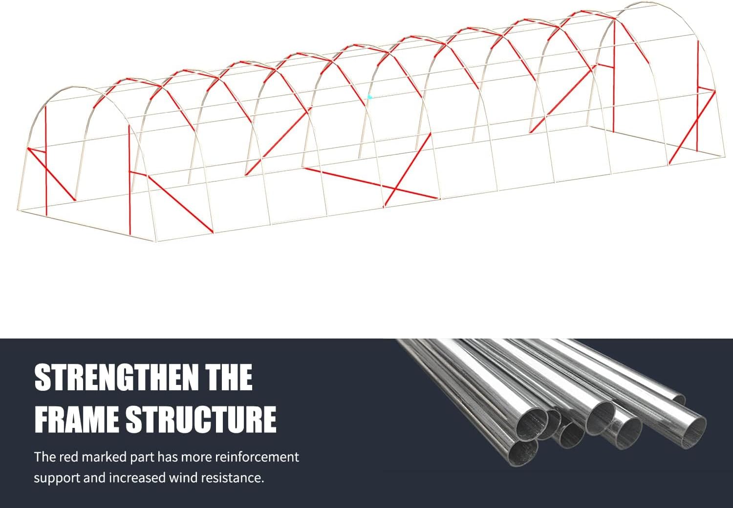 Diagram illustrating the strengthened frame structure with red marked parts indicating reinforcement support.