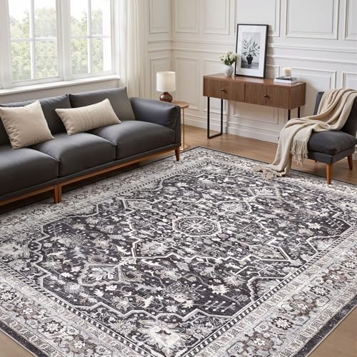 9x12 Area Rug Living Room: Washable Boho Large Vintage Moody Soft Rugs Distressed Oriental Stain Resistant Non-Slip Indoor Floor Carpet for Bedroom Playroom Office Dining Room Retro Home House- Black
