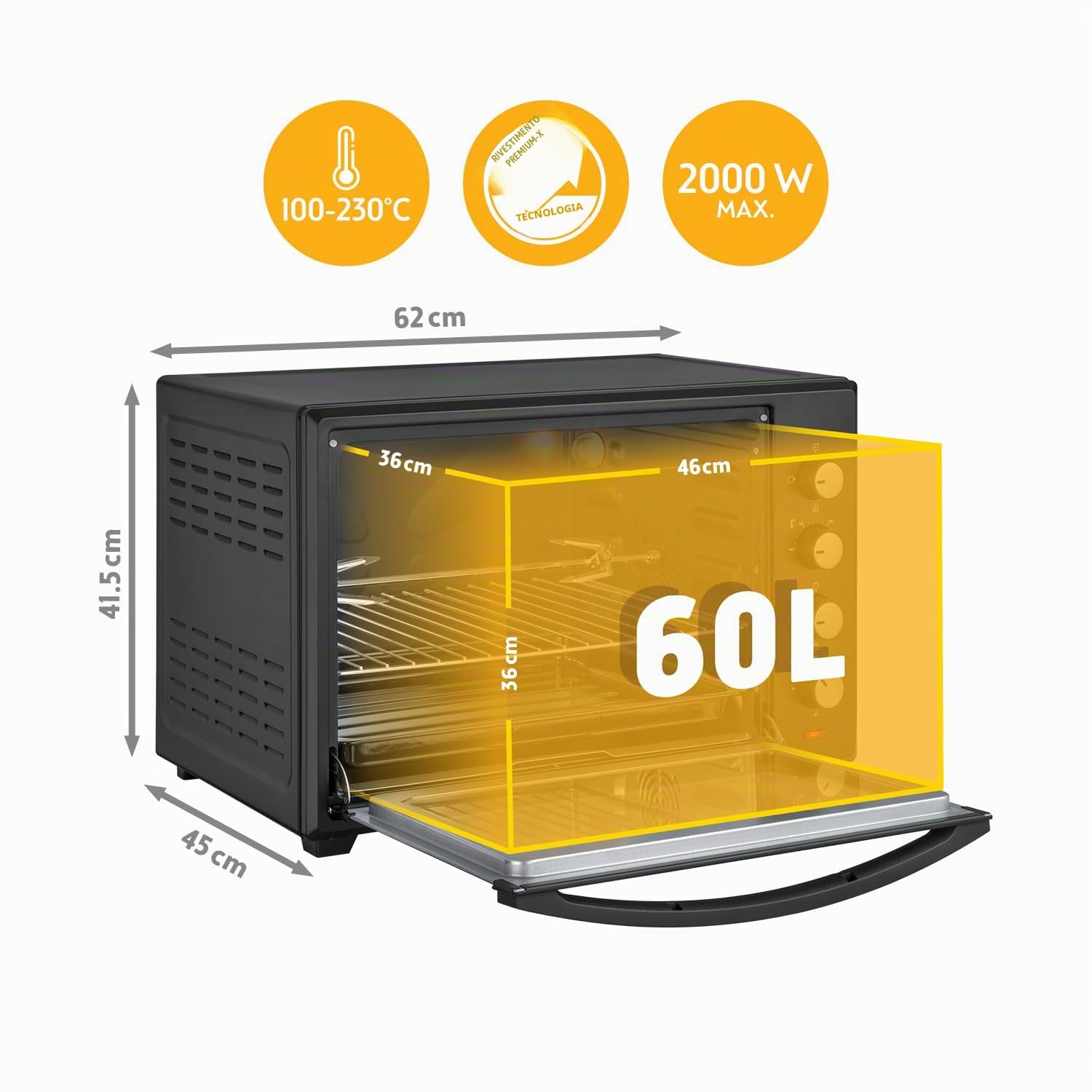 TZS First Austria - Mini Forno 60L 2000W - Fornetto spazioso per pizza con temperatura fino a 230°C e 6 modalità - Con timer di 60 min, 4 altezze di inserimento, teglia, griglia e spiedo rotante