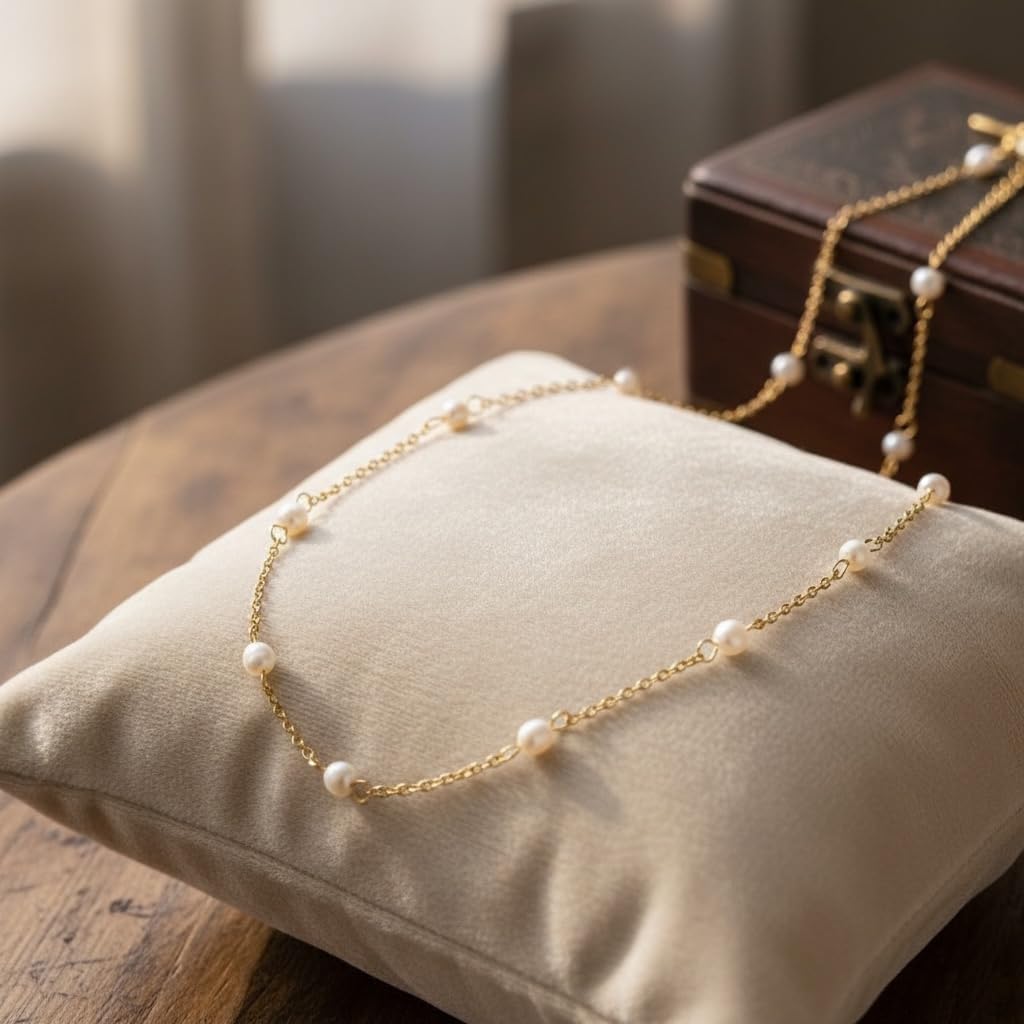 Elegant Pearl Station Necklace, 18K Yellow Gold Plated over Stainless Steel Chain with Freshwater Pearls, Delicate Choker Style for Women, Special Occasion Jewelry, Casual Necklace, 17-Inch Length with a 2-Inch Extension, Tarnish Resistant - Image 3