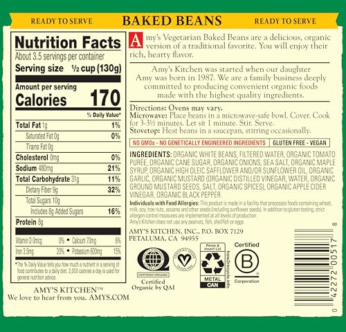 Image of Amy's Organic Baked Beans Canned, Traditional, Vegan Gluten Free, Vegetarian, 15 Oz (12 Pack)