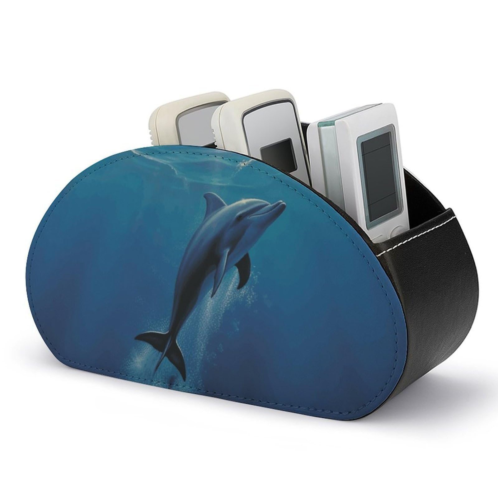 VstaDank Dolphin in The Ocean Remote Control Holder with 5 Compartments PU Leather Remote Caddy Desktop Organizer Store TV Remote Control Storage Box for Home Office Desk Nightstand