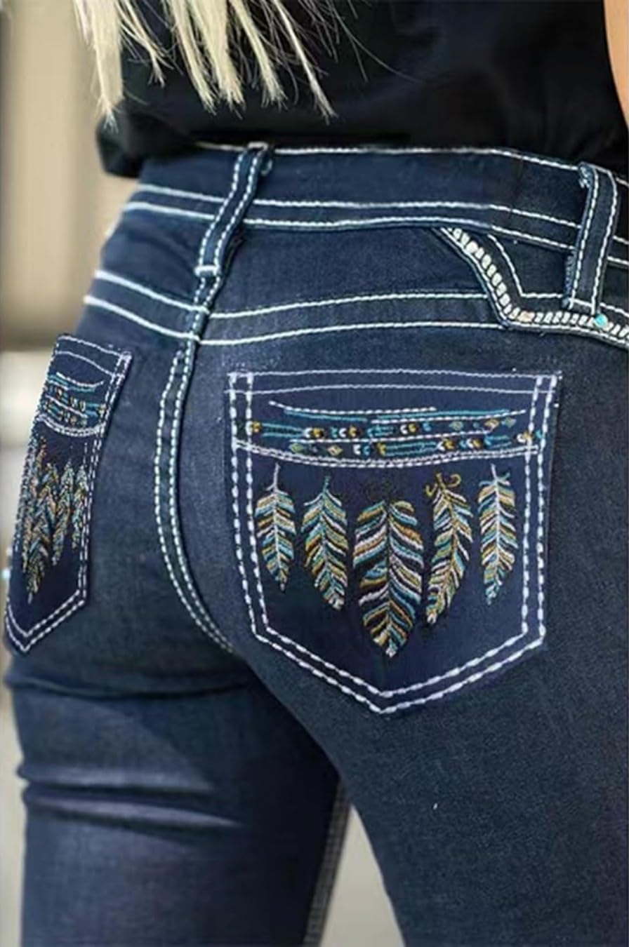 Jeans de corte de bota para mujer, elásticos con bordado de plumas y flores, tiro medio, pantalones de pierna recta