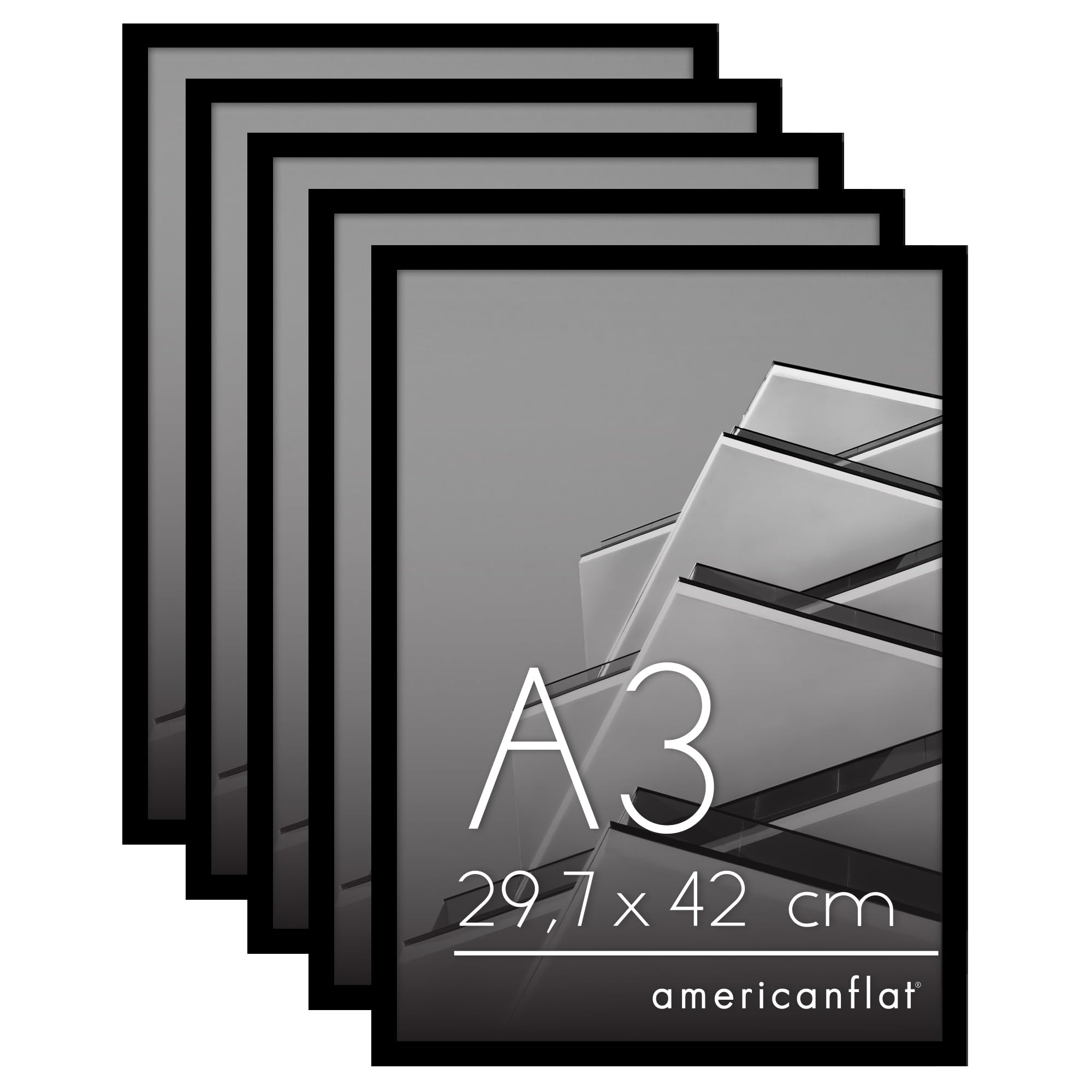 Americanflat Din A3 Bilderrahmen Set (5er Pack) - schmaler Fotorahmen mit poliertem Plexi-Scheibe - integrierte Aufhängung für Hoch- und Querformat - Schwarz