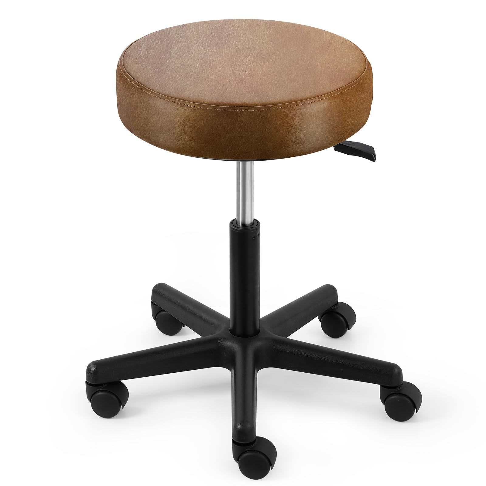 jmu rolling stool with wheels, pvc leather large seat stool, 400lbs weight capacity, heavy duty adjustable height for medical tattoo office lab dentists healthcare(tobacco brown)
