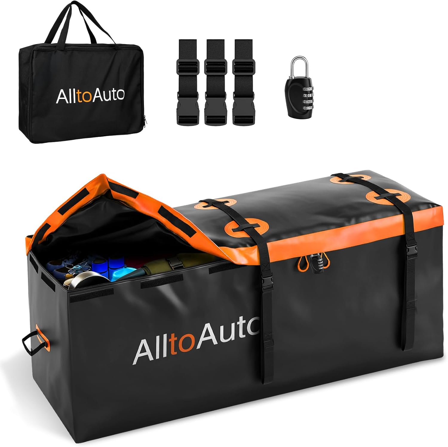 25 CuFt Waterproof Cargo Bag for Hitch Carrier | 60"x24"x31" Trailer Hitch Cargo Carrier | Weatherproof Truck Bed Storage with Straps, Lock & Carry Case | PVC Vehicle Soft-Shell Carriers