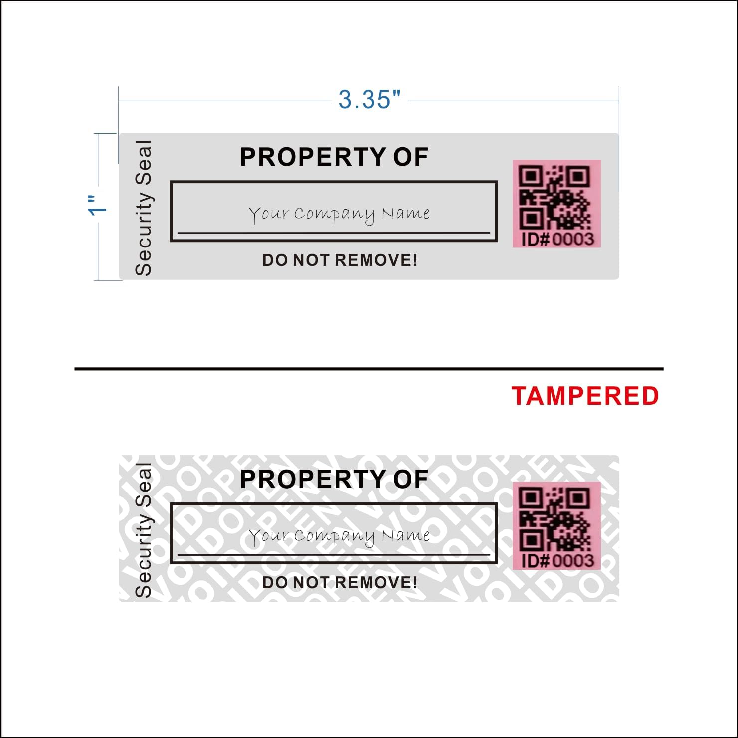 100pcs 1" x 3.35" Custom Printable Tamper Evident Security Asset Tags | High Security, Matte Silver Metalized, Unique QR Code, Easily Customize, SGS RoHs Standard, for Inventory of Equipment