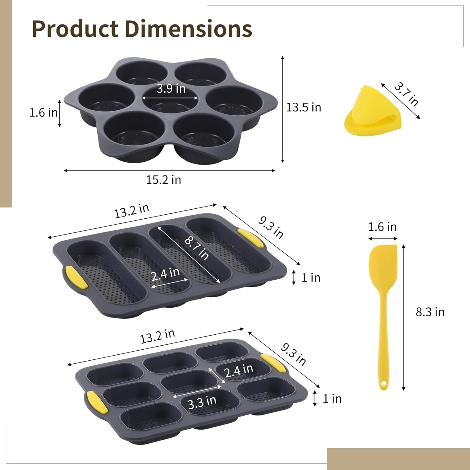 6 Silicone Burger Bun Molds Set, 4/7/9-Cup Pans, Tools Included, Nonstick Bakeware, Rectangular Loaf Molds