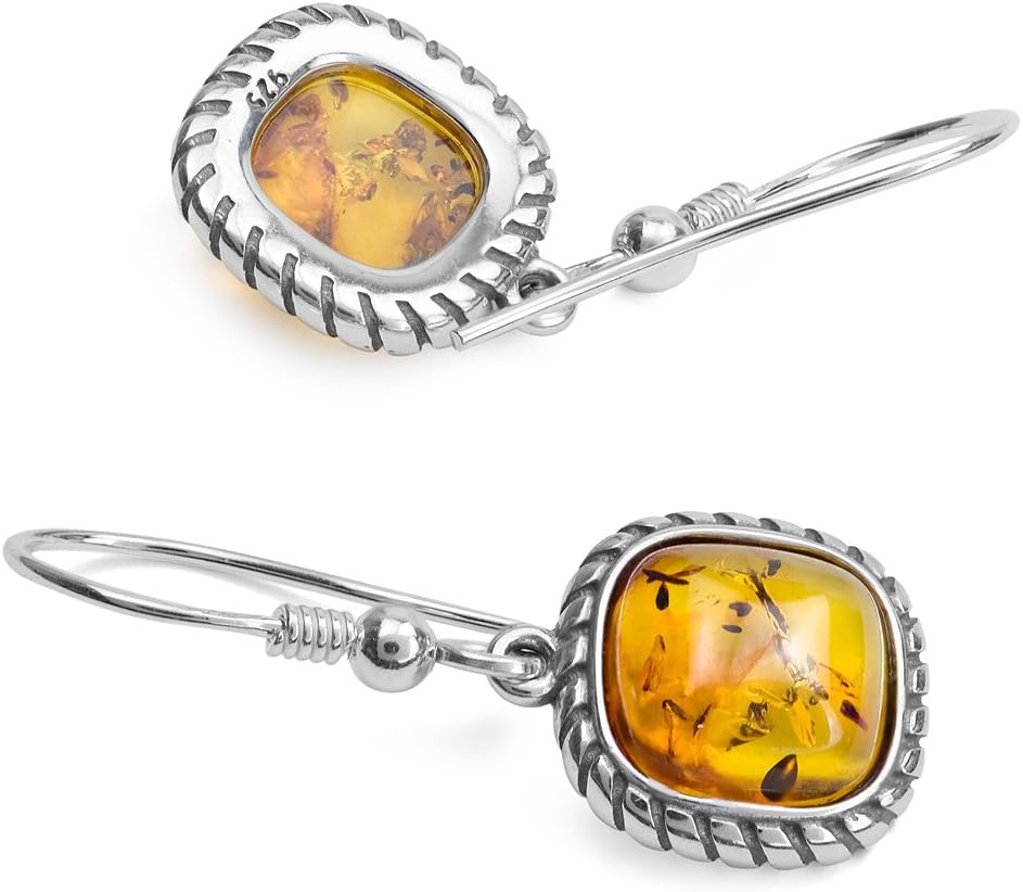 Ian and Valeri Co. Amber Sterling Silver Square Fishhook Earrings Pendant Necklace Set Rolo Chain 18 Inches
