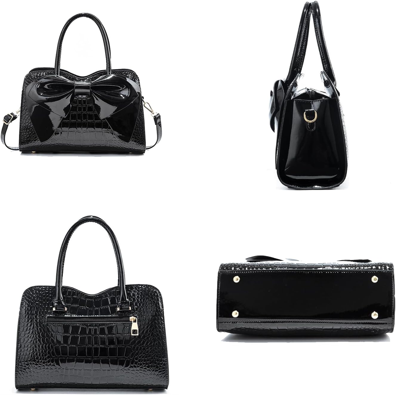 Crocodile Embossed Tote Bag, Bow Design Top Handle, Zipper Closure, Evening Party Crossbody Purse - Image 4