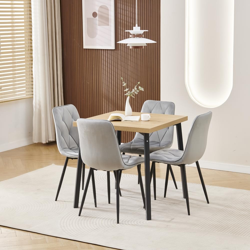 Redd Royal Small Square Dining Table and Chairs Set of 4, Modern 5 Pieces Compact Wood Kitchen Table Set for 4 People (oak table with 4 grey velvet chairs)