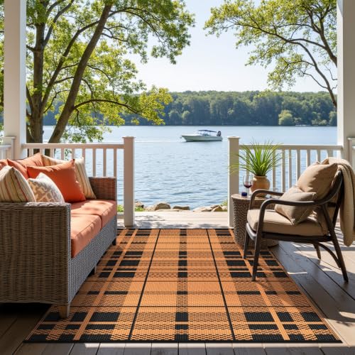 Image of GENIMO Outdoor Rug, Waterproof Plastic Rugs for Patio, 6'x9' Amber Black | Outside Larger Modern Carpet Mat for Porch Decor, Deck, Balcony, Camping, RV, Backyard, Picnic, Beach, Reversible, Foldable