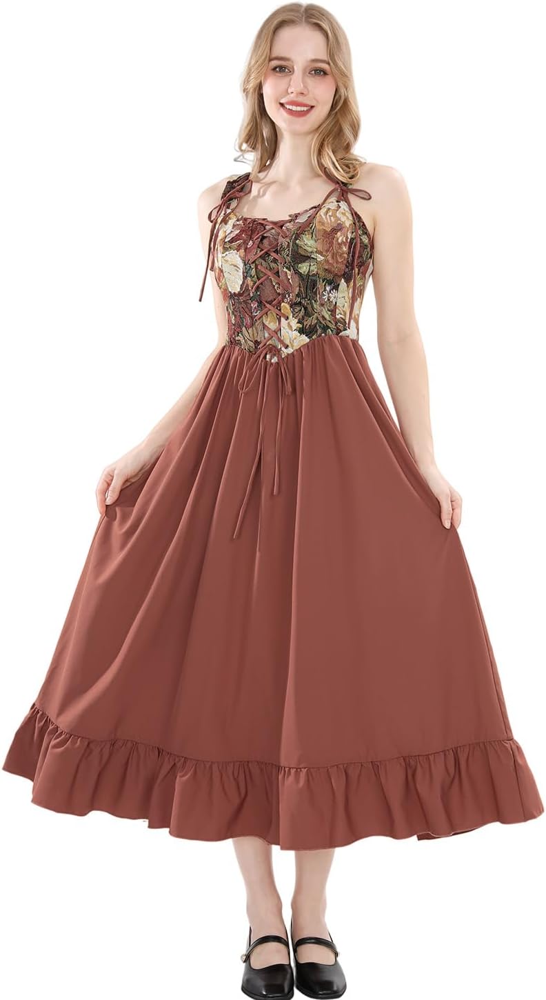 LTAKK Renaissance Dress Women Lace Up Corset Sleeveless Floral Cottagecore Dresses Medieval Costume - Image 9