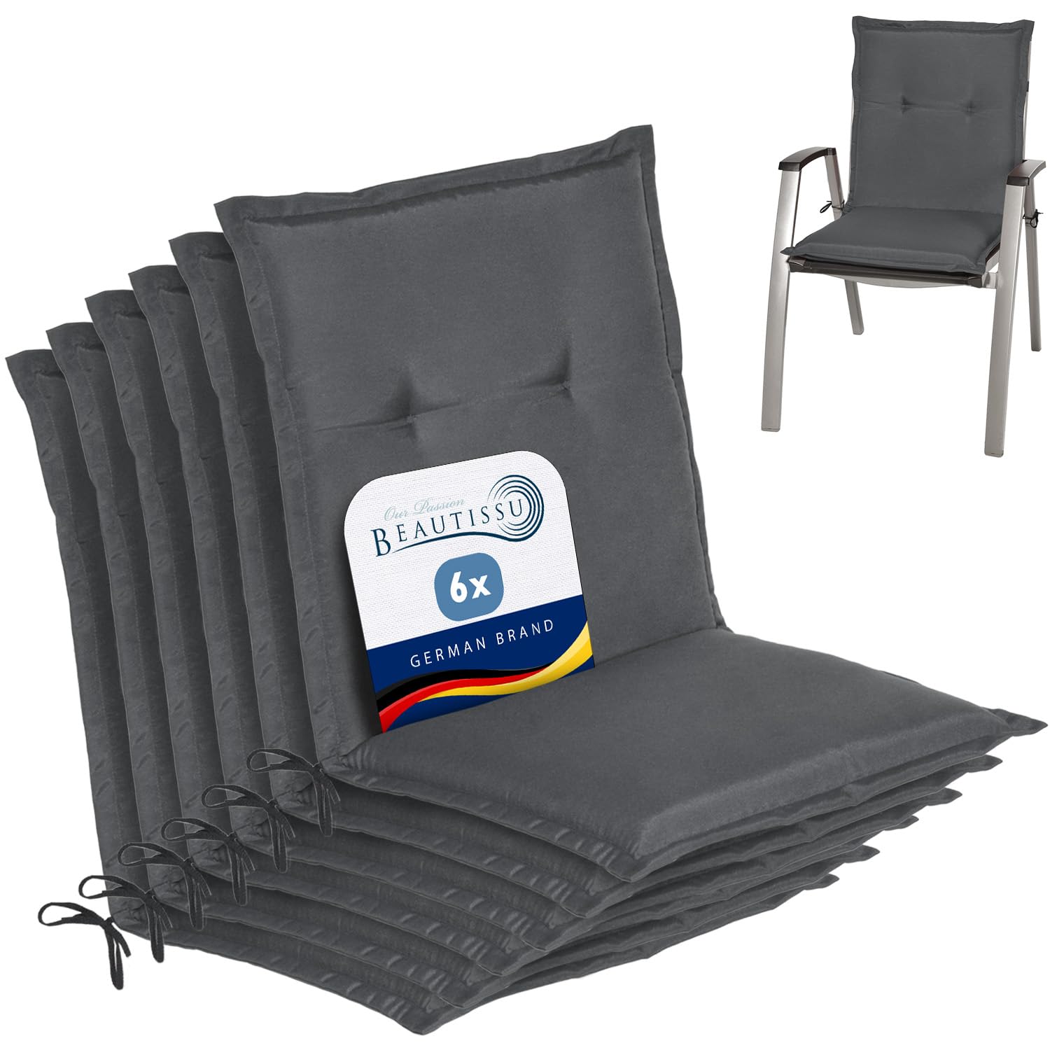 Beautissu Lowback Outdoor Chair Cushions 100x50x6 cm Loft NL - Set of 6 Seat Cushions for Garden Chairs with Backs Recliner Patio Chair Sunbed Bench - Anthracite — image 1