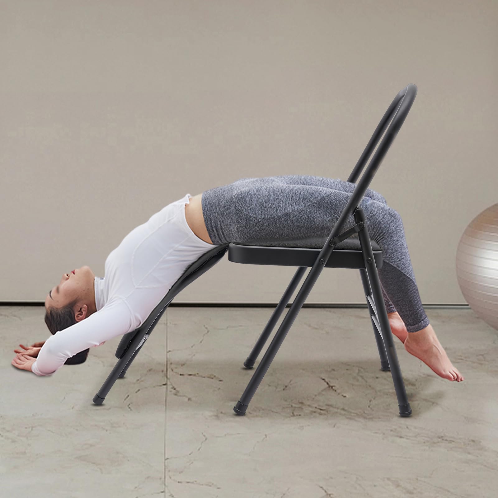 Lemoeyes Yoga Auxiliary Chair with Lumbar Back Support Foldable Chair Yoga Practice Balance Chair Neck and Back Pain Chair for Abs & Core (Black)
