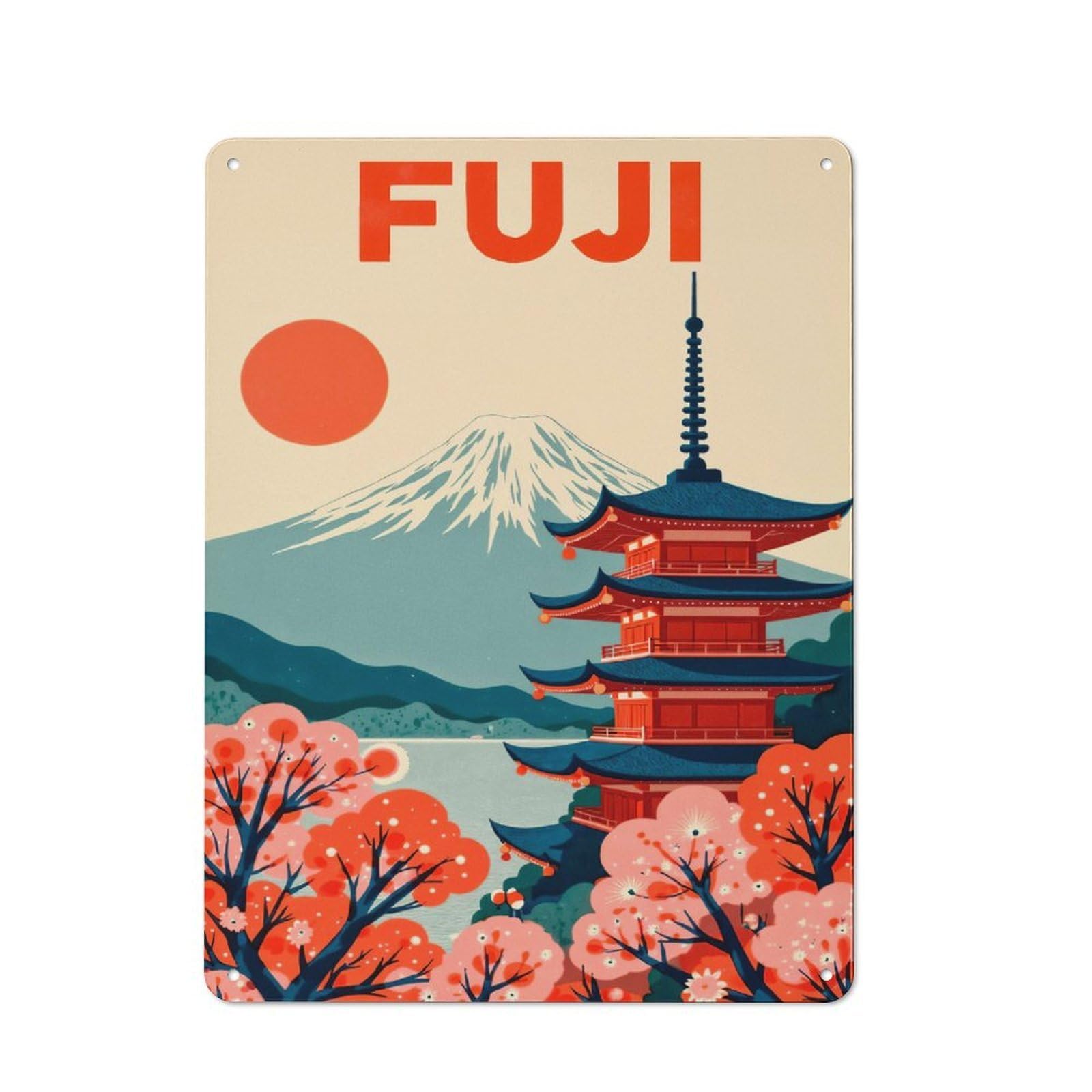 Junmoney Fuji Mountain And Pagoda Illustration Vintage Metal Wall Decor 40X30cm, Garage Metal Sign For Garage, Workshop, Shed Or Utility Room