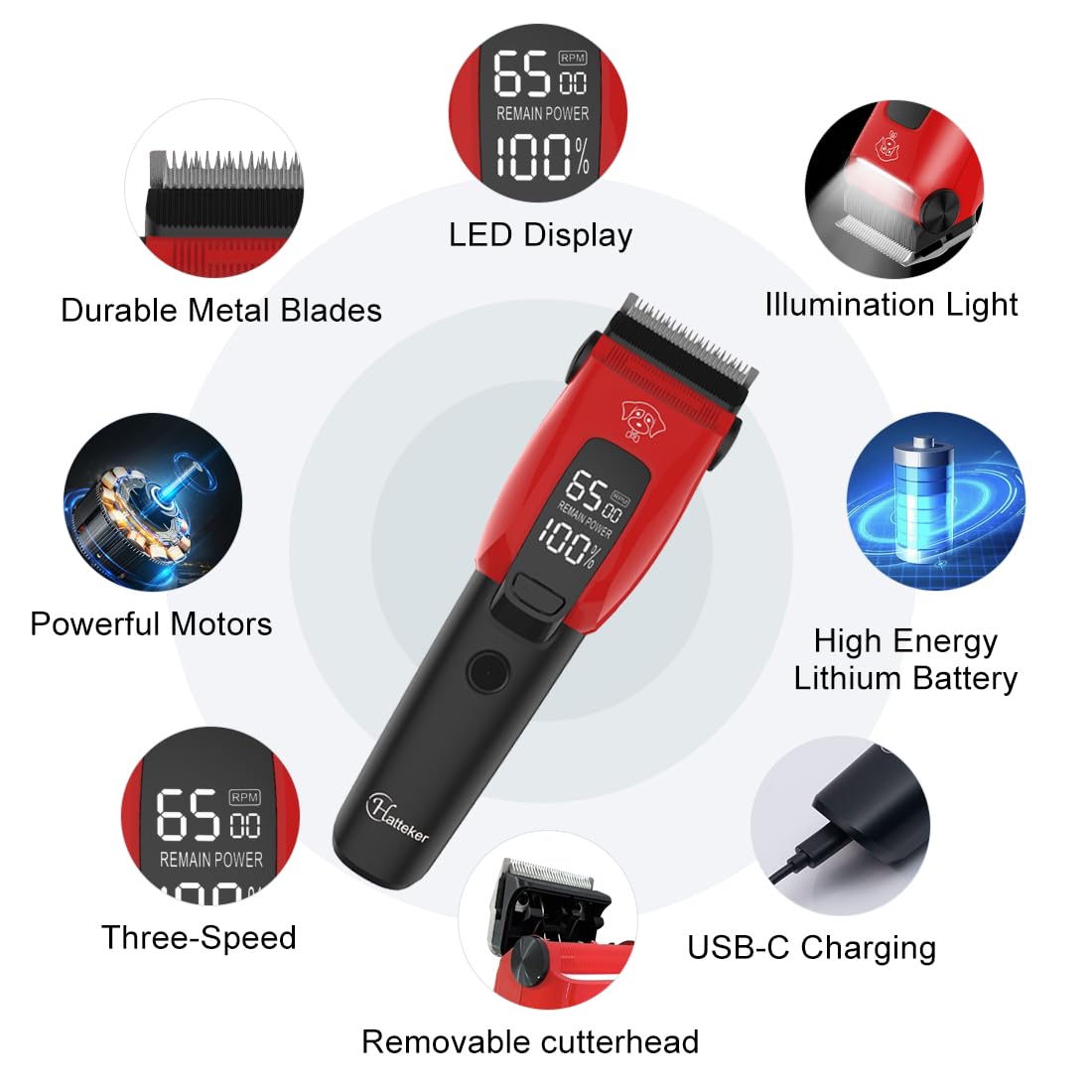 Hatteker Cortapelo para perros Cortapelo eléctrico profesional para mascotas con 7500RPM Cortapelo para gatos Cortapelo sin cable para perros Luz auxiliar