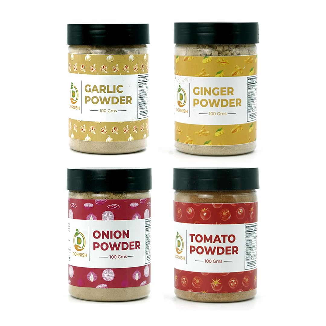 DORNISH STARCH Ginger Powder 100g, Onion Powder 100g, Garlic Powder 100g, and Tomato Powder 100g for Cooking and Baking, Everyday Use, Essential for Kitchen, Pure and Natural Powder (B09LM6JY47) Amazon Price History, Amazon Price Tracker