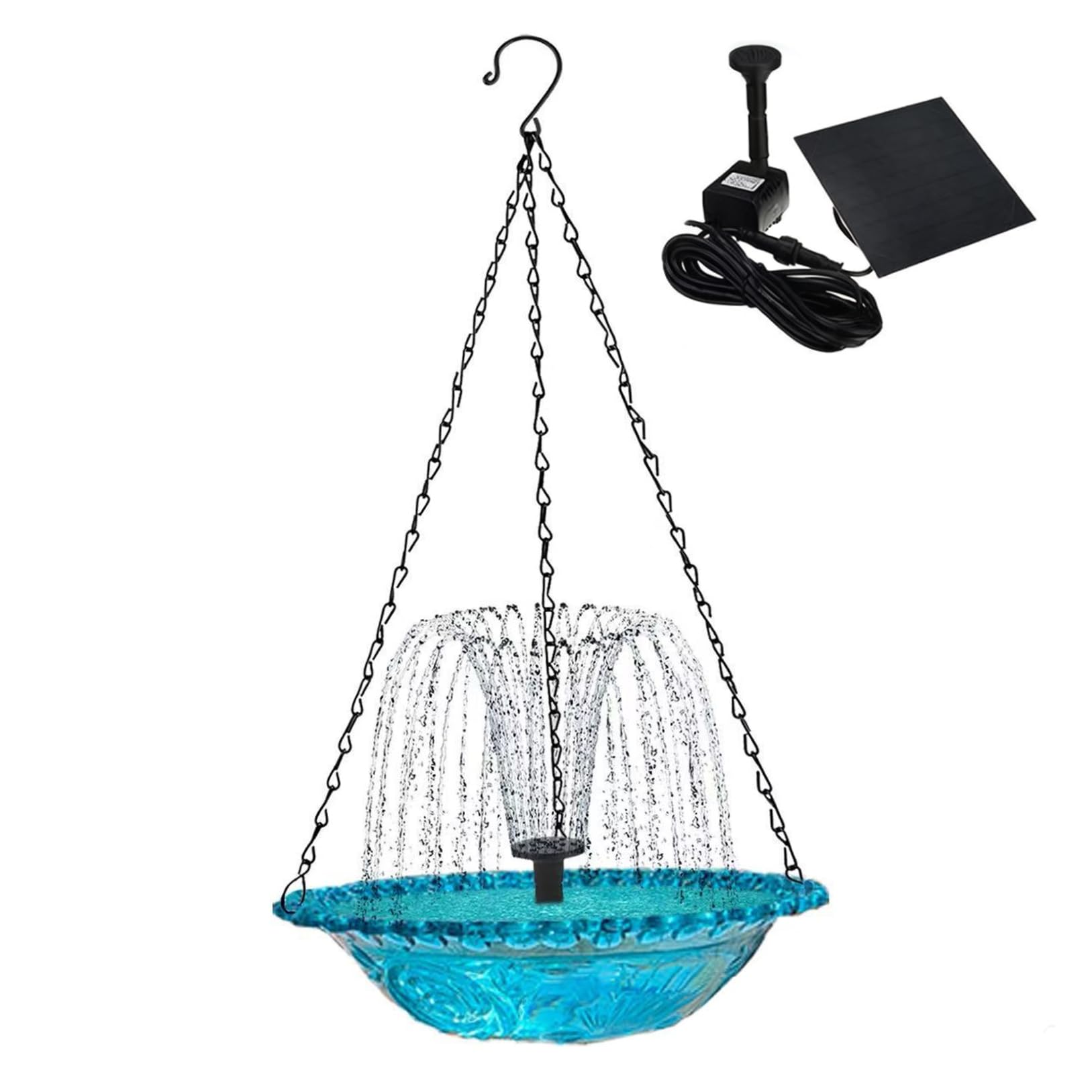 Feeders, Solar Bird Bath Fountain, Hanging Bird Bath with Solar Panel, Adjustable Floating Fountain for Garden, Blue Glass Basin for Attracting Birds