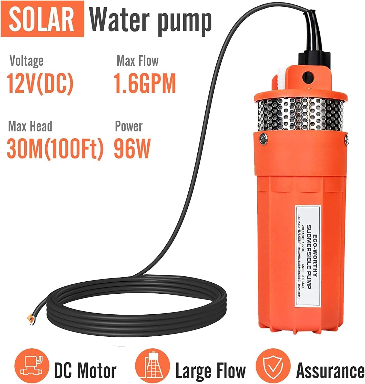 DCHOUSE Pompe submersible 12V de pompe à eau à haut débit, pompe à eau solaire à haute levée, 230ft / 70m, pour la maison, la ferme, l'élevage, l'irrigation