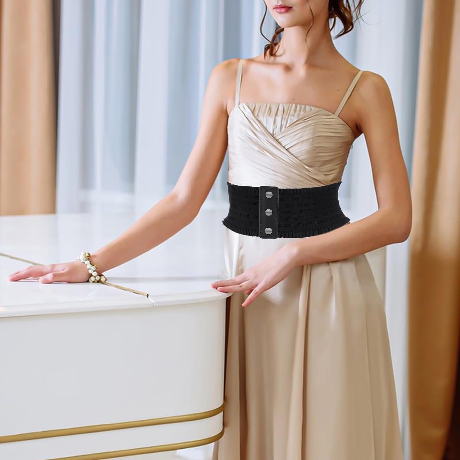 JIEYAO Wide Elastic Waist Belt for Women, Wide Waist Belt with Snap Fastener for Dresses