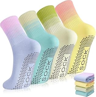 WKLOUYHE 4 Pairs Pilates Socks with Grips Non Slip Yoga Socks for Women Long Pilates Grip Sock Grippy Colorful Athletic So...