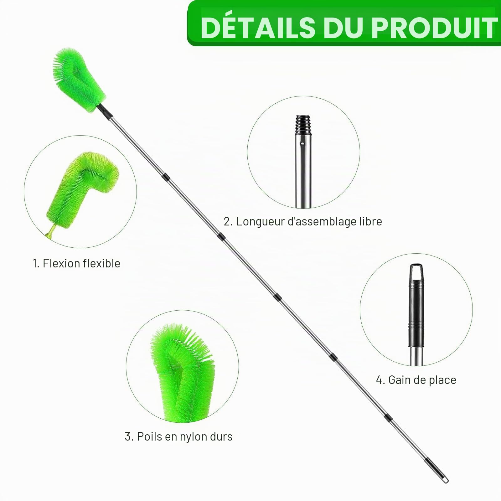 2 en 1 Nettoyeur Gouttiere,390cm Brosse de Gouttière avec Manche Télescopique et Brosse/Pelle,Nettoyeur de gouttières,Facile à Démonter, pour Nettoyer les Feuilles,les,Fenêtres,Lustres