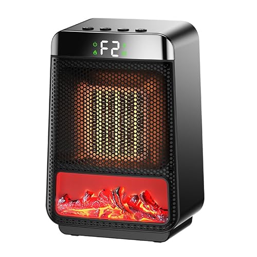 小型セラミックファンヒーター 【新型&3D炎効果&LCD残量表示】 足元暖房 電気ヒーター 省エネ設計 2秒速暖 2段階温風 800W/1200W 切タイマー 静音 過熱防止 転倒OFF PSE認証 英語の取扱説明書付き 黒