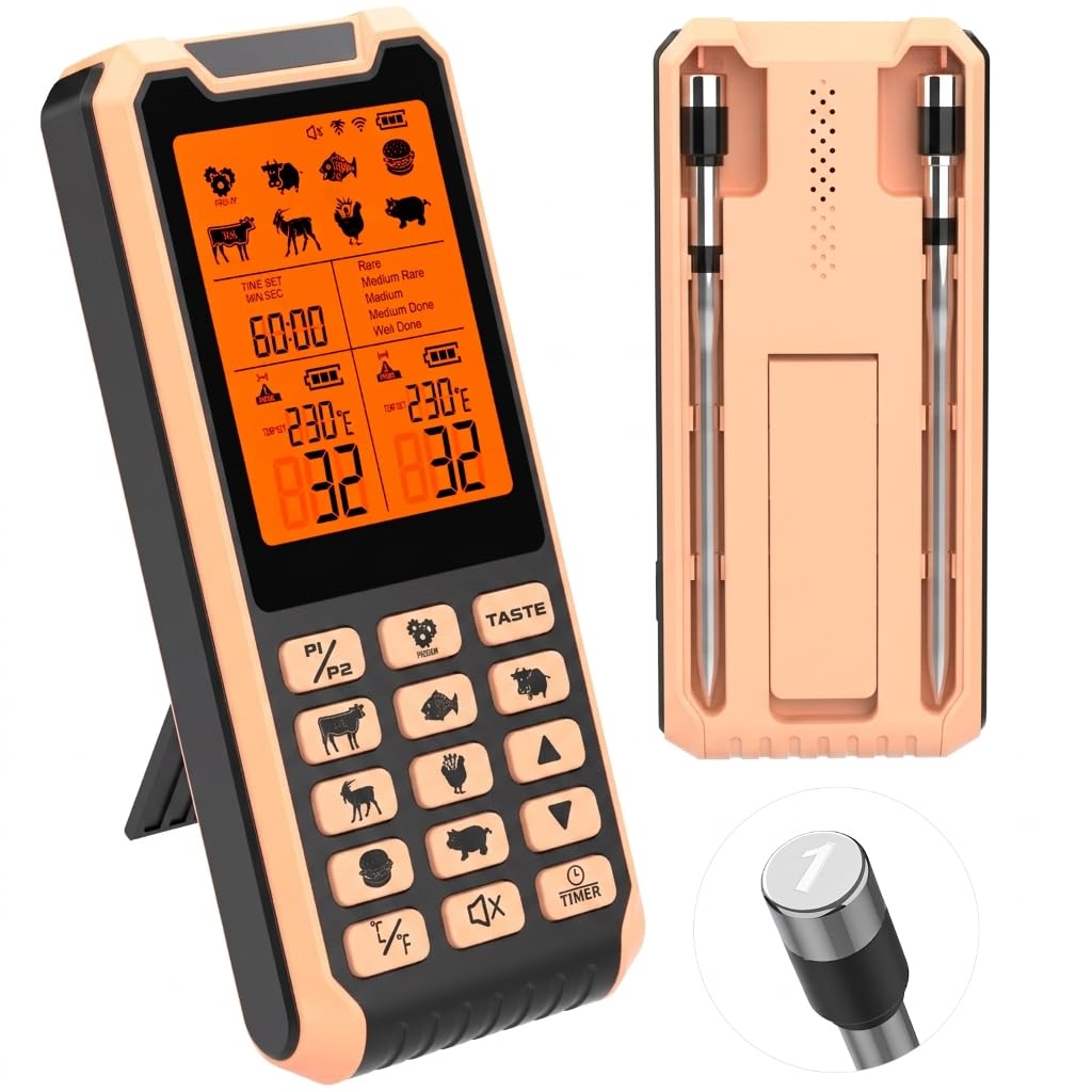 HOPEPOP Wireless Meat Thermometer Digital - NIST Certified Accuracy, Dual Monitoring Standalone Large LCD Base & App Control, 2 Meat Probes for Grill BBQ Smoker Oven (Light Orange)