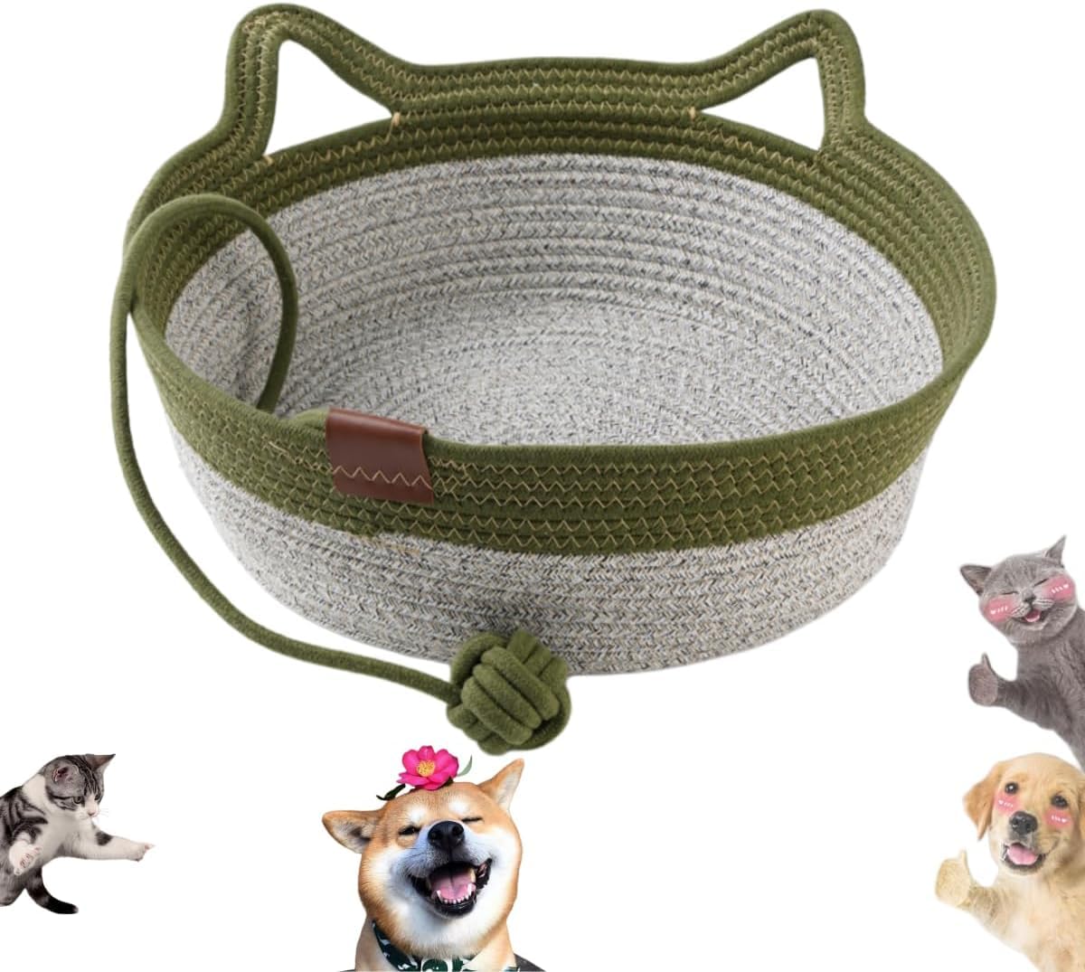Stimuli Cat Instinct Basket Handwoven Cat Bed Ear Handles，Green：S