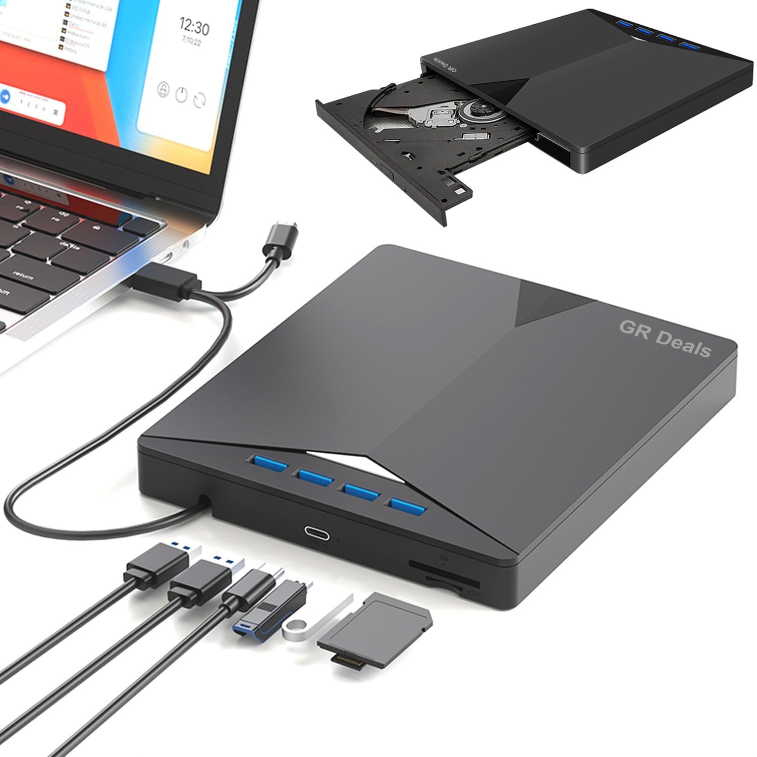 GR Deals 7 in 1 USB 3.0 External CD/DVD Drive for Laptop - Portable Burner and Player Compatible with Desktop PC Windows 11/10/8/7 Linux Mac OS (Jet Black)