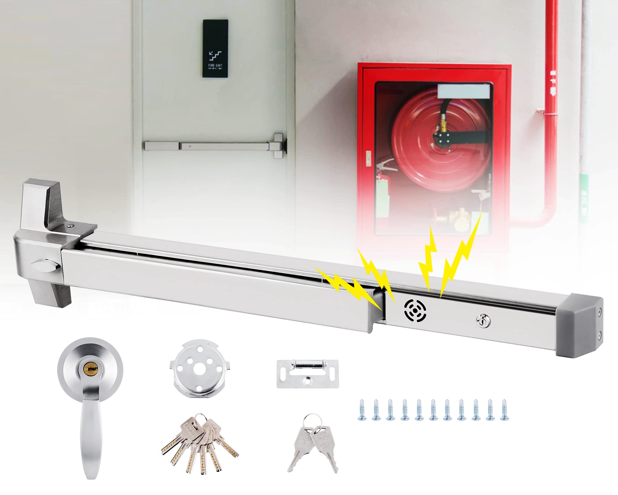 Panic Bars for Exit Doors Door Push Bar with Alarm 80cm/31.5‘’ Panic Bar Exit Device with 6 Keys Exterior Lever Stainless Steel Commercial Emergency Exit Bar Suitable for 33â€_x009d_-50â€_x009d_ Wood Metal Doors