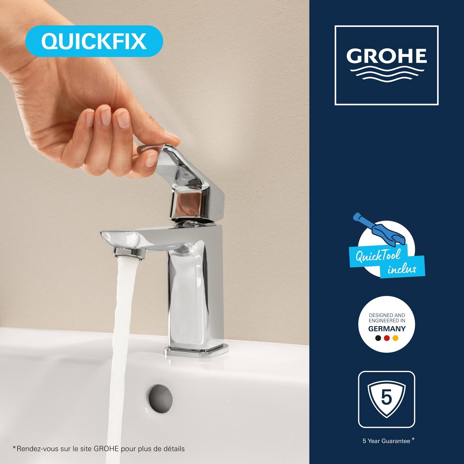 GROHE Dice Mitigeur monocommande Lavabo Taille S (Robinet pour Lavabo de Salle de bain, Avec Tirette et garniture de vidage, avec QuickTool inclus, Economie d'eau), Chrome, 1018560000