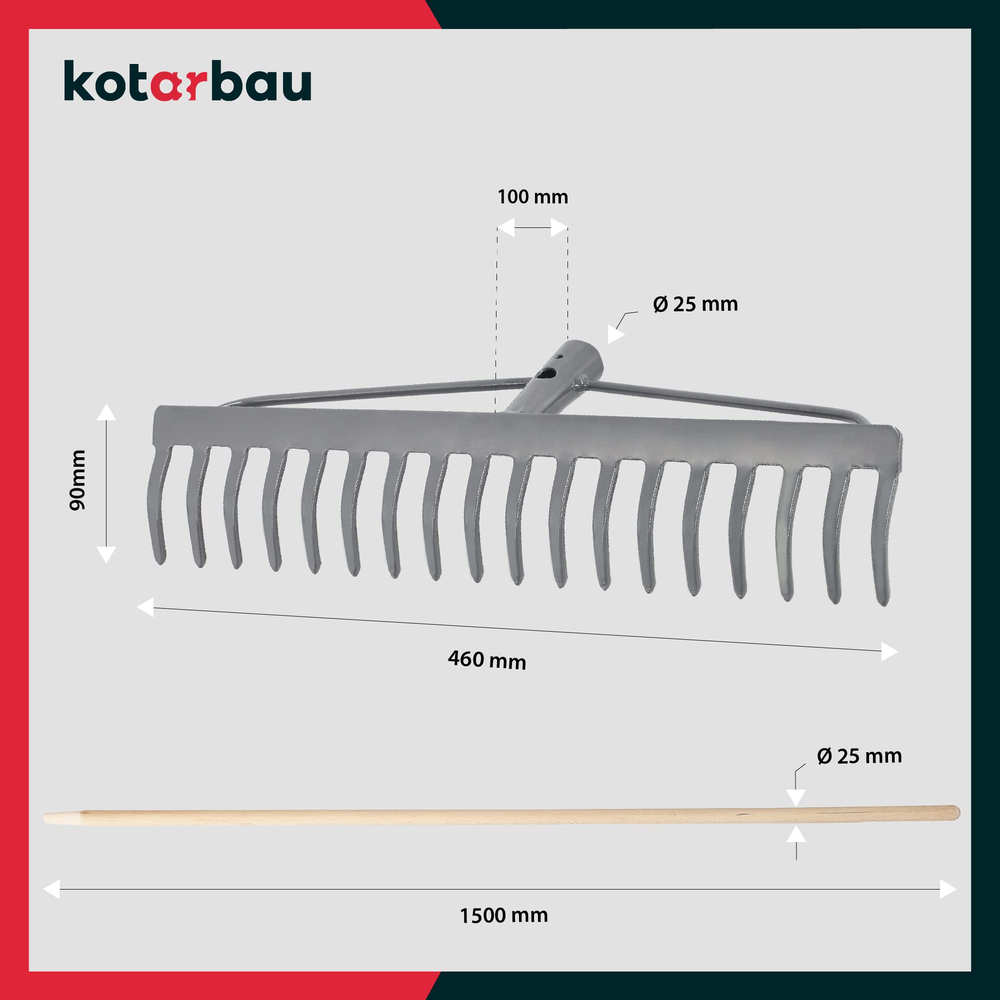 KOTARBAU® Rateau à Feuille - Métal - 46 cm - Râteau Jardin - 18 Dents - avec Manche en Bois - Outil Robuste pour Entretien Gazon Jardinage - Gris & Naturel