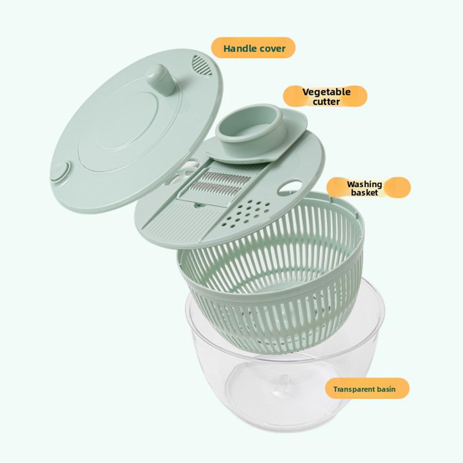 Cryfokt Ensalada Spinner, 5 Cuchillas Intercambiables de Acero Inoxidable Lechuga Spinner Lavadora de Frutas con Colador Rebanador Rallador para Lavar Secar Rebanar Escurrir Ensalada Frutas Verduras
