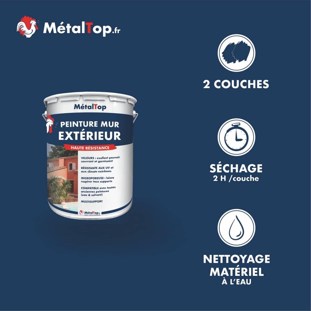 Metaltop - Peinture Mur Exterieur - Blanc pur - RAL 9010-1 L - Peinture microporeuse, application sur crépi, béton, brique pour une protection jusqu'à 10 ans