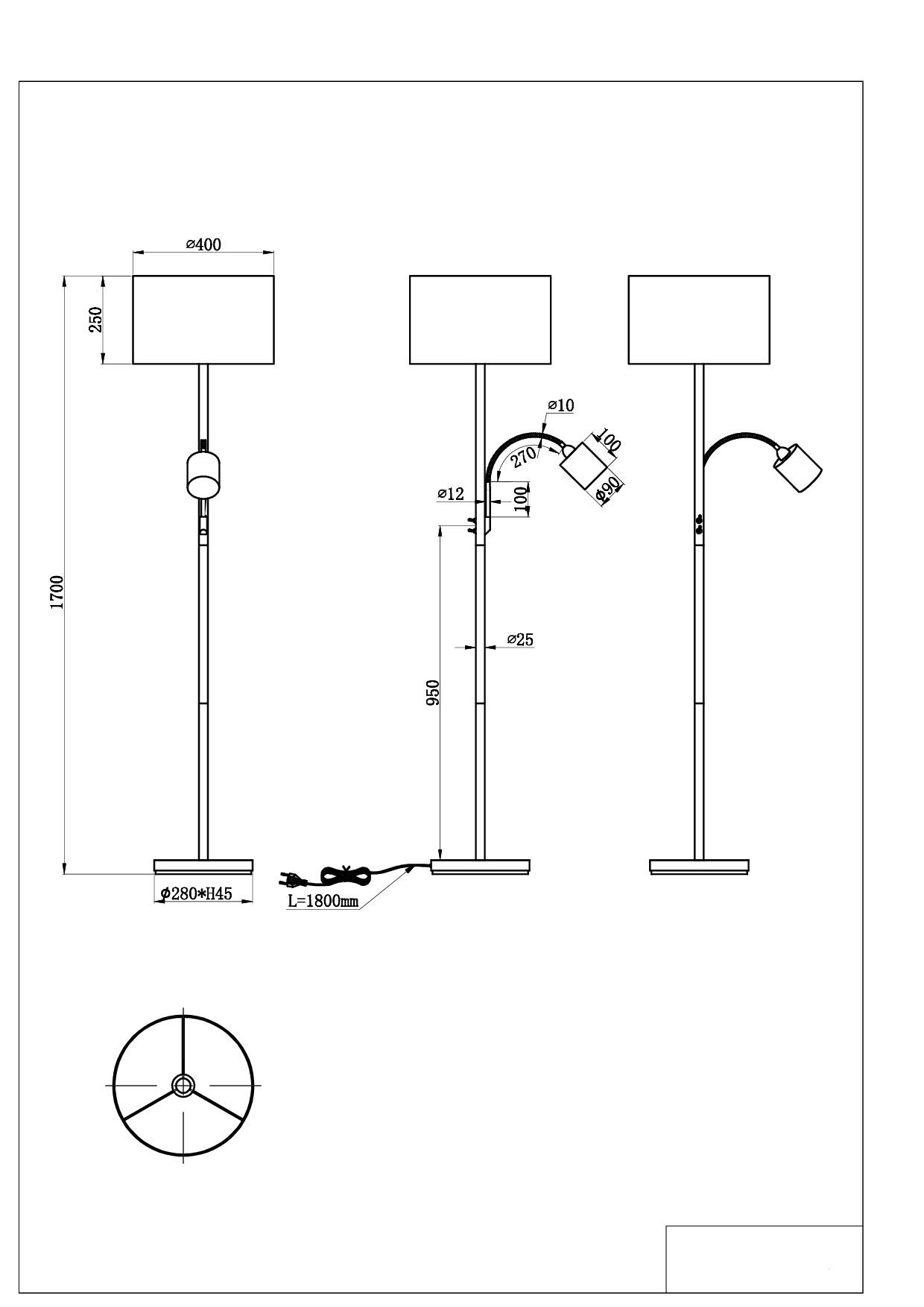 modern Stehleuchte mit Lesearm in nickel matt, Stoffschirm anthrazit, exkl. 1 x E27 max. 60W und 1 x E14 max. 18W, ø 35 cm, Höhe: 170 cm