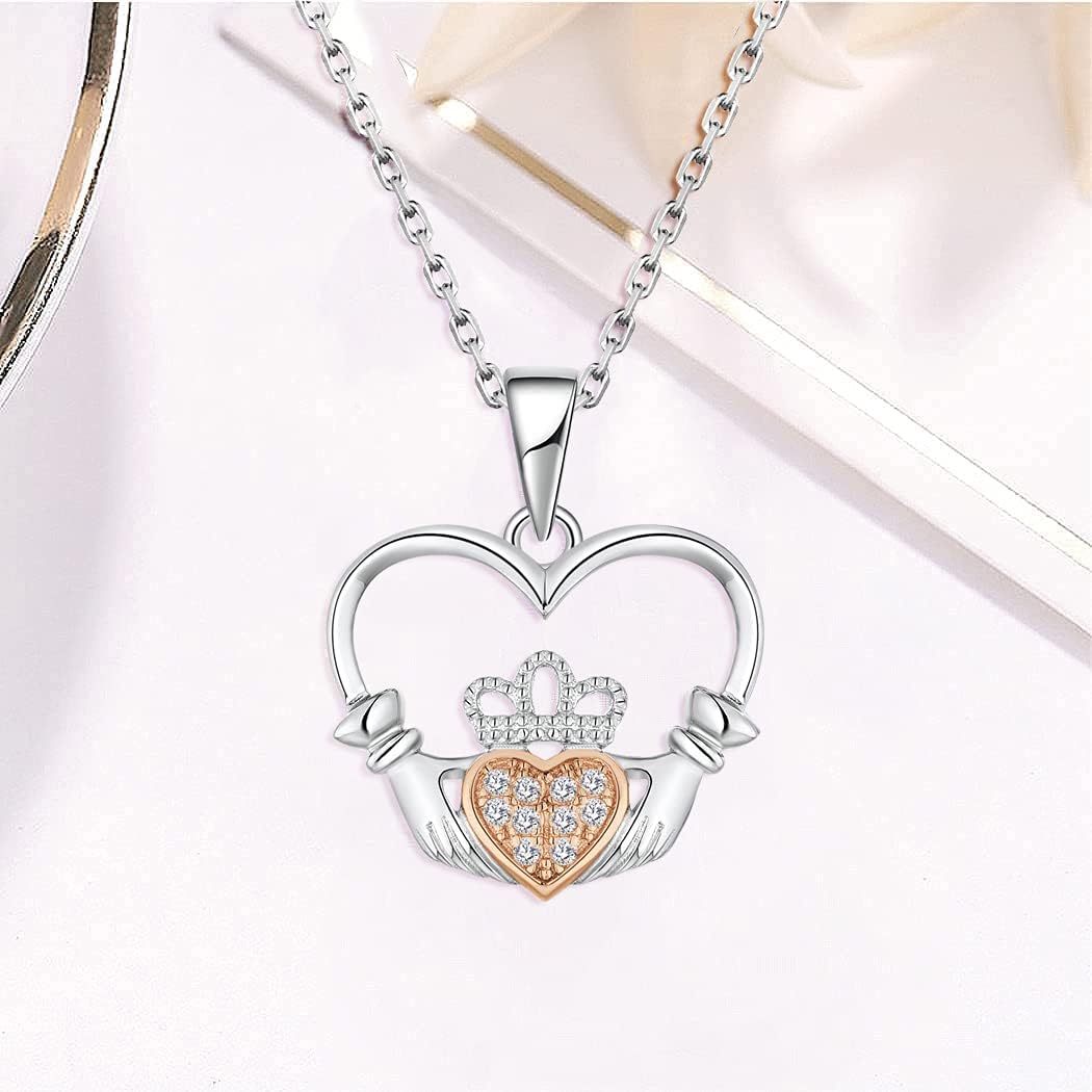 JO WISDOM Women Necklace,925 Sterling Silver Celtic Heart Claddagh Pendant Necklace with AAA Cubic Zirconia Irish Wedding Necklace