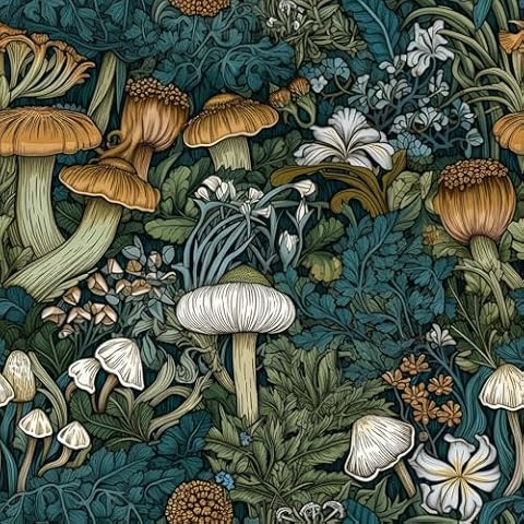 REDAMANCY Teal Blue/Green/Yellow Mushroom Forest Botanical Plants White Flowers Peel and Stick Wallpaper Stick on Contact Paper Vintage Wall Paper Easy Peel Off for nightstand Drawer Cabinet Renter Cover