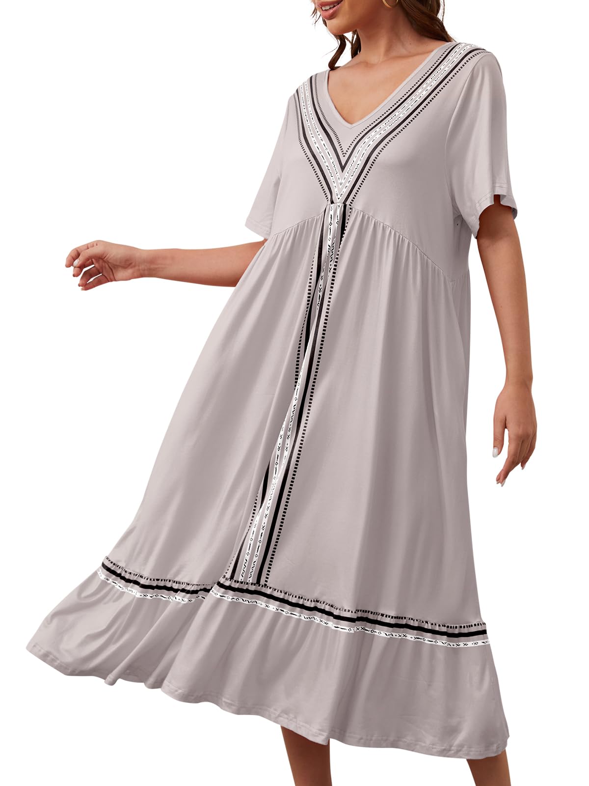 CRIPOMWomens Nightgown House Dress with Pockets V-Neck Short Sleeve Floral Print Mumu Dress S-3XL