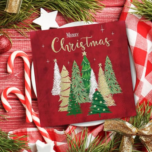 80 Pack Merry Christmas Paper Napkins Red Green Gold Xmas Tree Disposable Party Luncheon Napkins for Christmas New Year Holiday Dinner Party Supplies, 6.5 x 6.5 Inch – Image 4