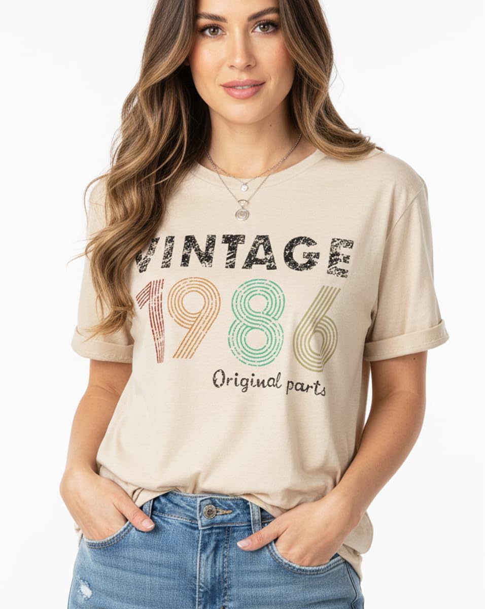 40th Birthday Gift for Women Vintage 1986 Shirts for Her Letter Print BD Retro Tops Casual Short Sleeve Tees - Image 2